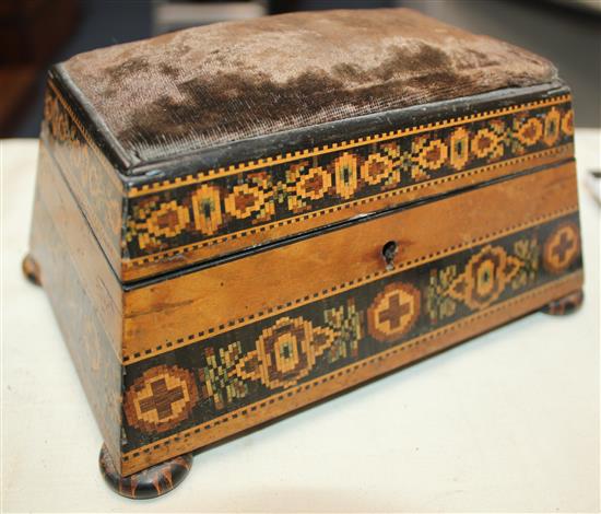 A Tunbridge ware rosewood VR box and a Barton maple pin cushion, 9in.